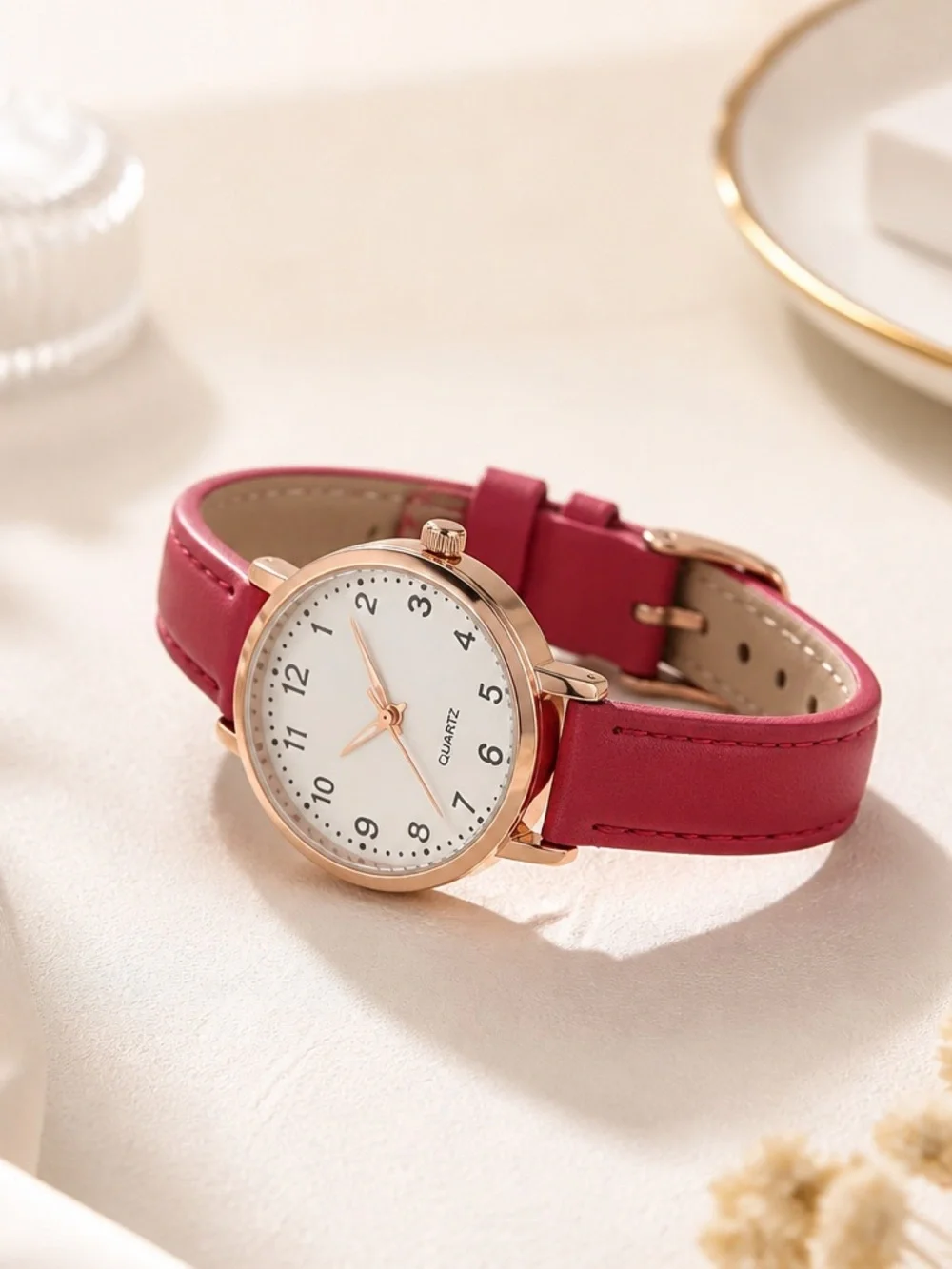 Women's Red Leather Strap Quartz Watch